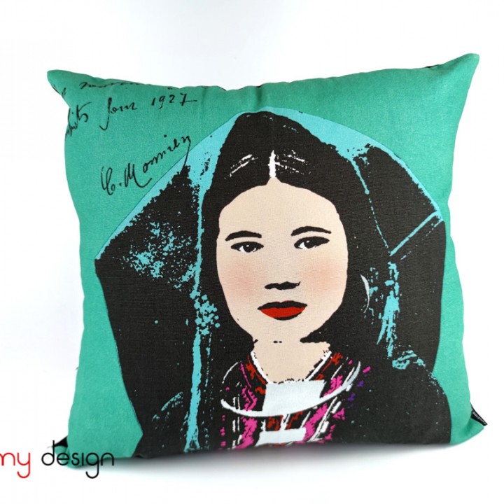 Cushion cover printed Vietnamese ethnic woman- Miss Lam/ blue parma